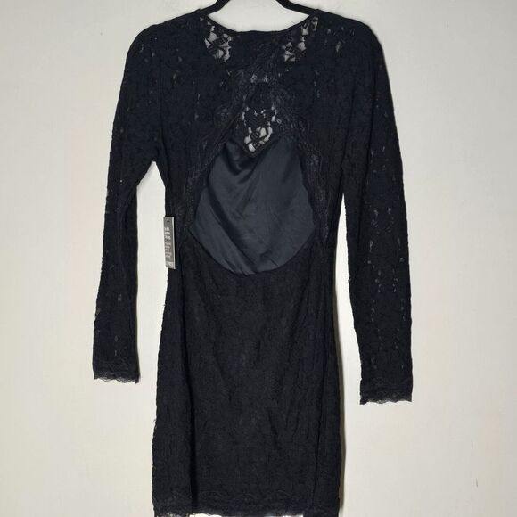 Express Dress  Stretch Round Neck Long Sleeve Cutout Back Floral Lace Vampire - Picture 6 of 8